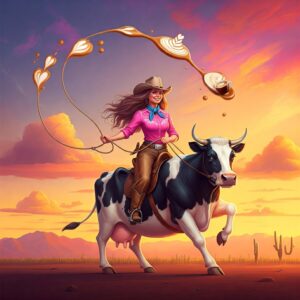 A cowgirl riding a cow and throwing a whip that turns into latte art.