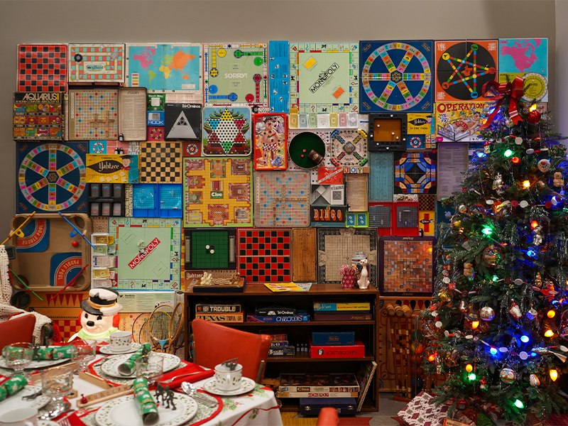 A view of the game boards as the wall for the tablescape.