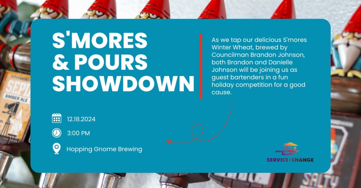 S'mores & Pours Showdown event banner, As we tap our delicious S'more Winter Wheat, brewed by Councilman Brandon Johnson, both Brandon and Danielle Johnson will be joining us as guest bartenders in a fun holiday competition for a good cause. 12.18.2024, 3:00 PM, Hopping Gnome Brewing.