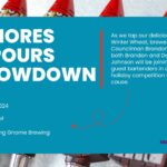 S'mores & Pours Showdown event banner, As we tap our delicious S'more Winter Wheat, brewed by Councilman Brandon Johnson, both Brandon and Danielle Johnson will be joining us as guest bartenders in a fun holiday competition for a good cause. 12.18.2024, 3:00 PM, Hopping Gnome Brewing.