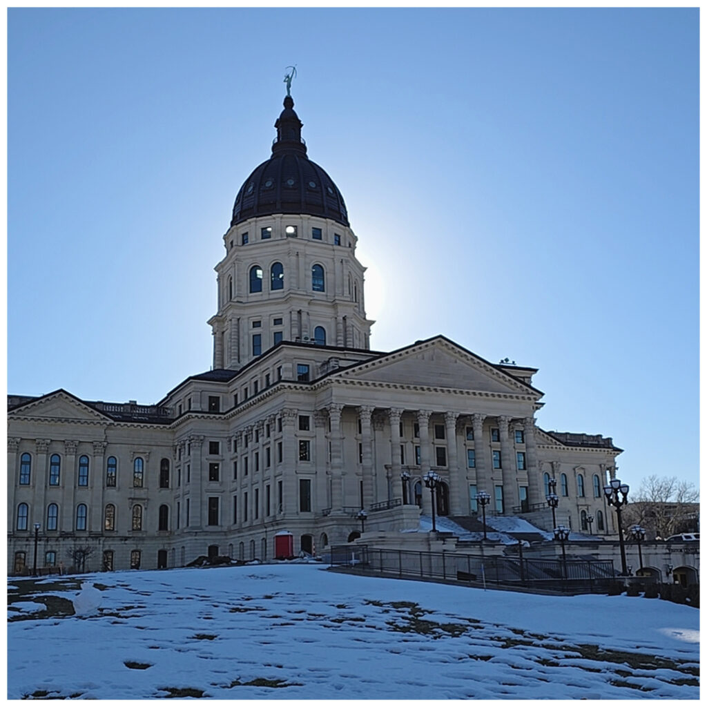 An exterior view of the Kansas State Capitol.