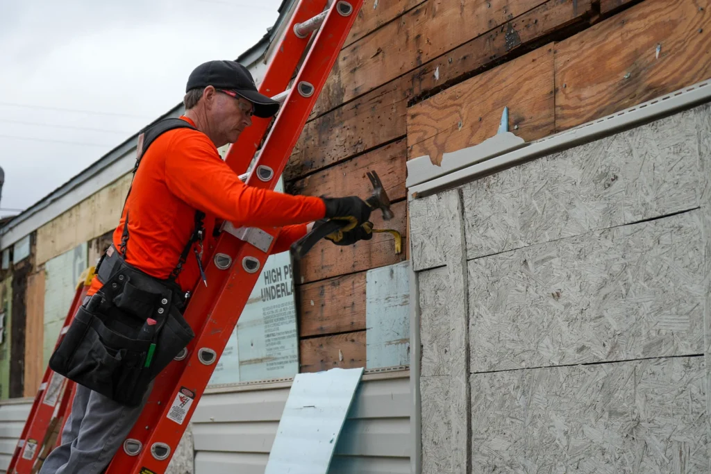 A volunteer taking siding off a house on a ladder.