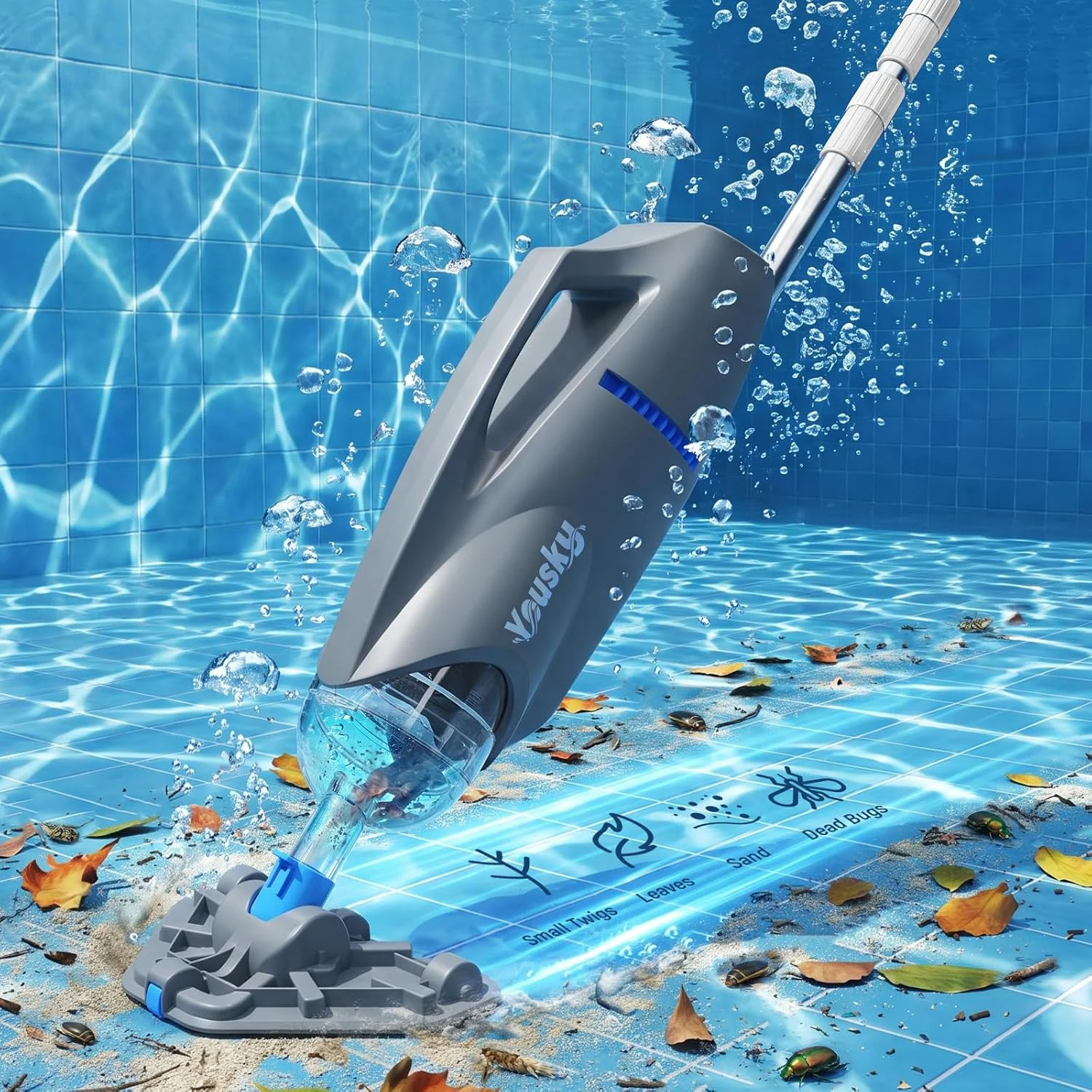 A vacuum sweeping up dirt and leaves in a pool.