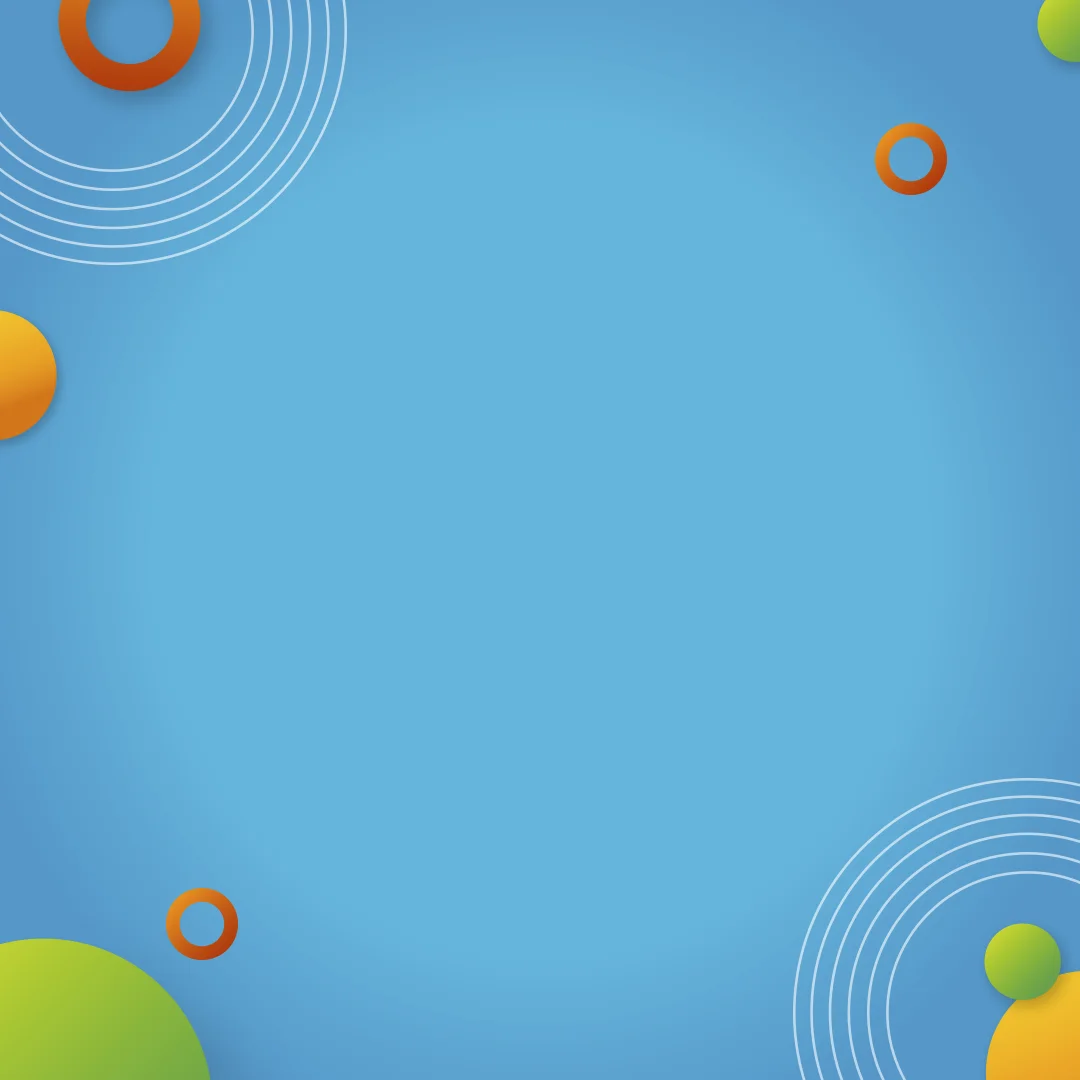 Blue background with green and orange circles.