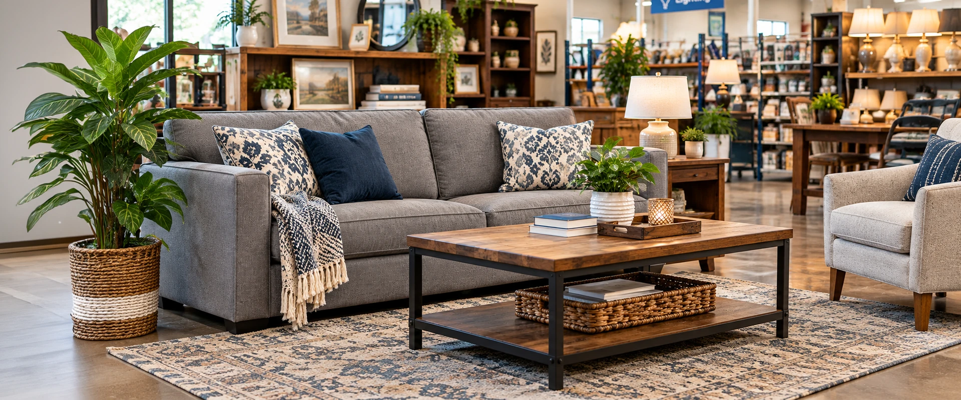 A grey sofa with patterned blue pillows and a throw blanket sits behind a wood and metal coffee table on a patterned area rug inside a brightly lit home goods store.