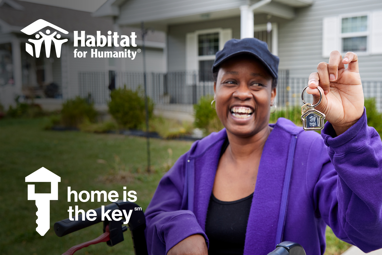 Habitat for Humanity, Home is the Key campaign with a women holding keys to her home.